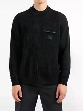 A/X Armani Exchange Black Ribbed Crewneck Sweater with Zip Pocket